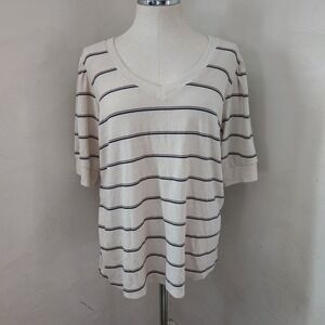 Falls Creek Womens 3X Striped Ribbed‎ V-Neck Puff Sleeve Top Cream Navy